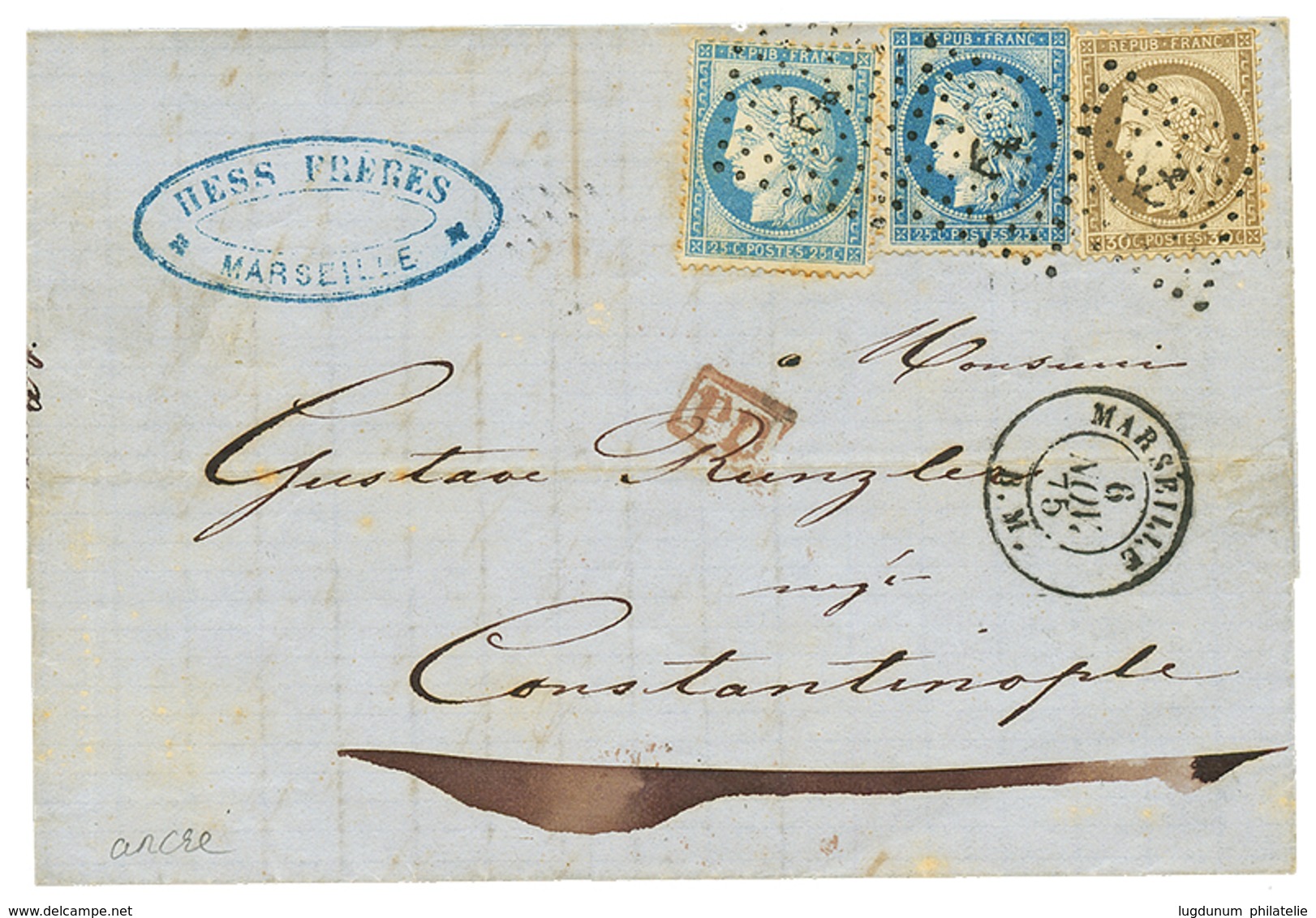 209 1875 CERES 25c(x2) + 30c Obl. ANCRE + MARSEILLE B.M Sur Lettre Pour CONSTANTINOPLE. TTB. - Schiffspost