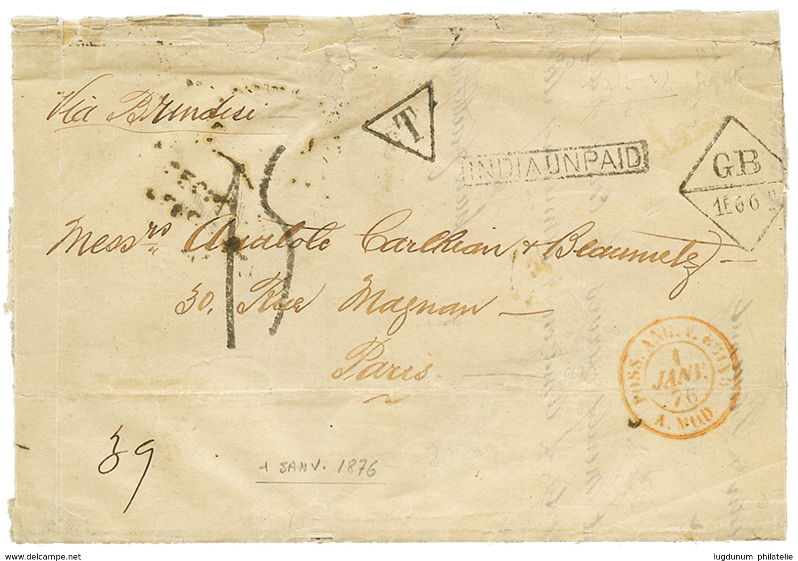 210 "1 JANVIER 1876 - 1er Jour De L' UNION GENERALE DES POSTES (UGP)" : GB/1F66c + T + Taxe 15+ INDIA UNPAID Sur Lettre( - Schiffspost