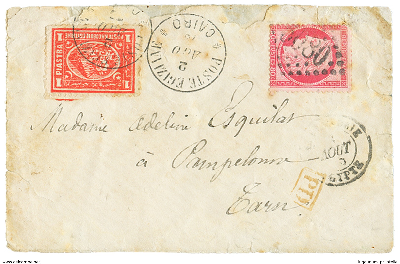 214 1875 MIXTE FRANCE 80c CERES Obl. GC 5080+ ALEXANDRIE EGYPTE + EGYPTE 1P Obl. CAIRO Sur Env(pd) Avec Texte Pour La FR - Other & Unclassified