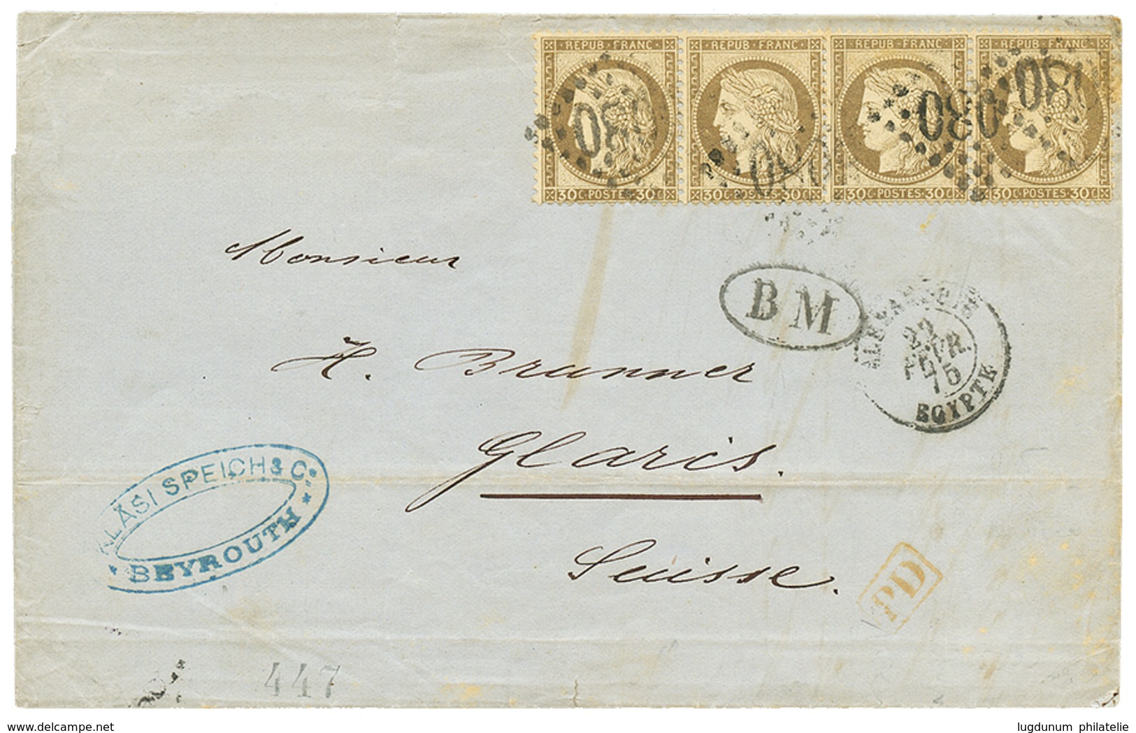 217 "BOITE MOBILE De BEYROUTH" : 1875 Bande De 4 Du 30c CERES Obl. GC 5080 + ALEXANDRIE EGYPTE + B.M Sur Lettre De BEYRO - Sonstige & Ohne Zuordnung