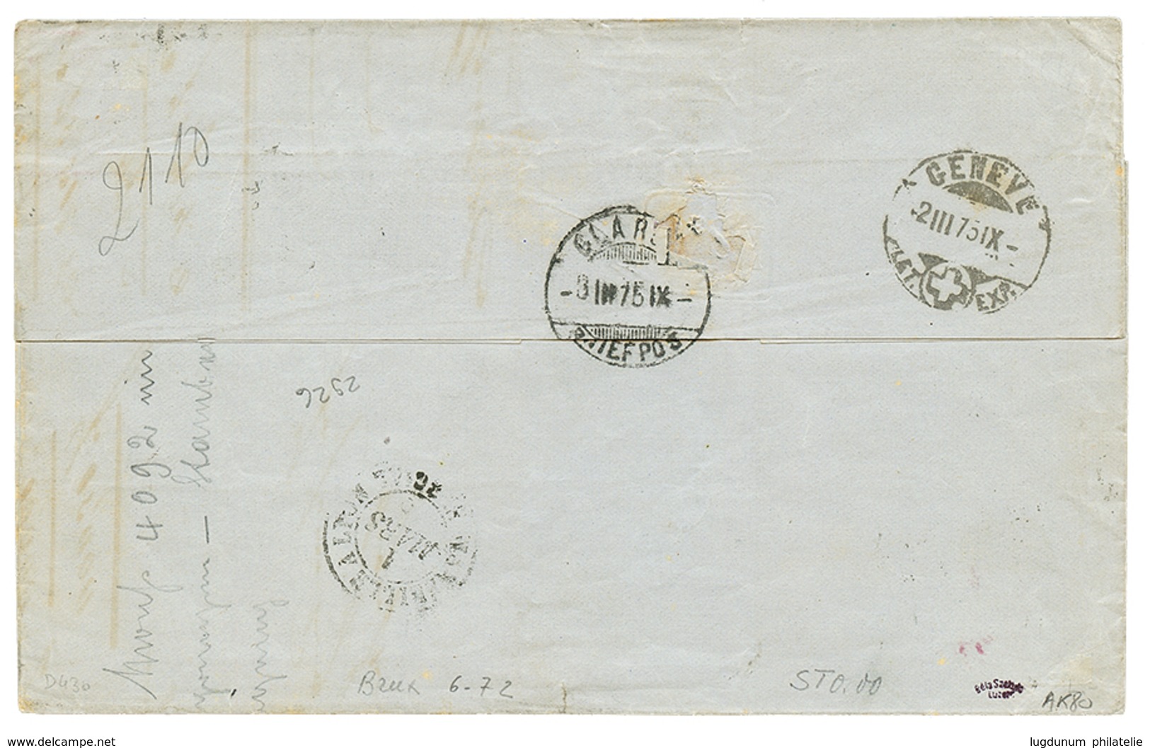 217 "BOITE MOBILE De BEYROUTH" : 1875 Bande De 4 Du 30c CERES Obl. GC 5080 + ALEXANDRIE EGYPTE + B.M Sur Lettre De BEYRO - Other & Unclassified