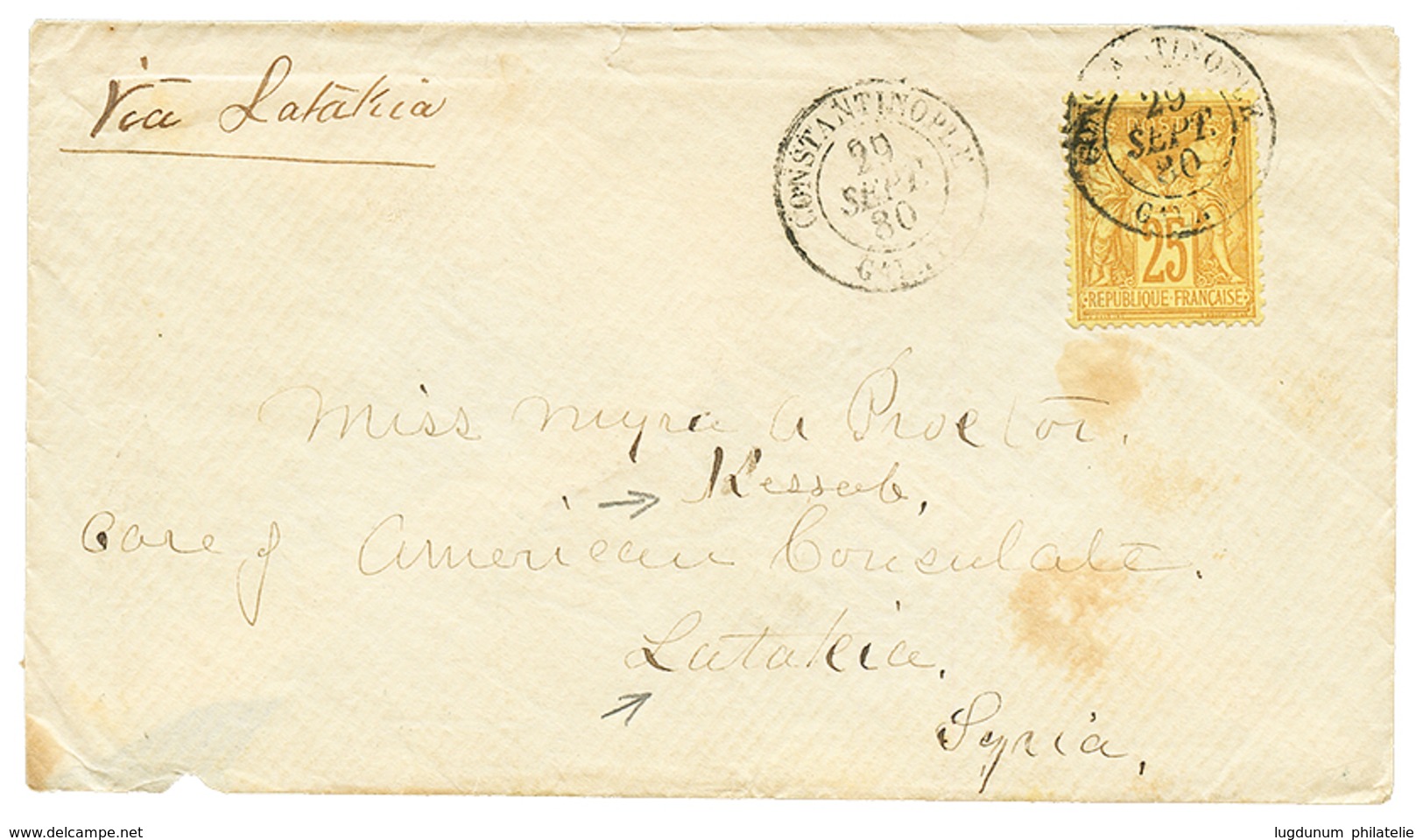 218 "CONSTANTINOPLE Via LATTAQUIE Pour KESSALA" : 1880 25c SAGE Obl. CONSTANTINOPLE GALATA + "Via LATAKIA" Sur Enveloppe - Other & Unclassified