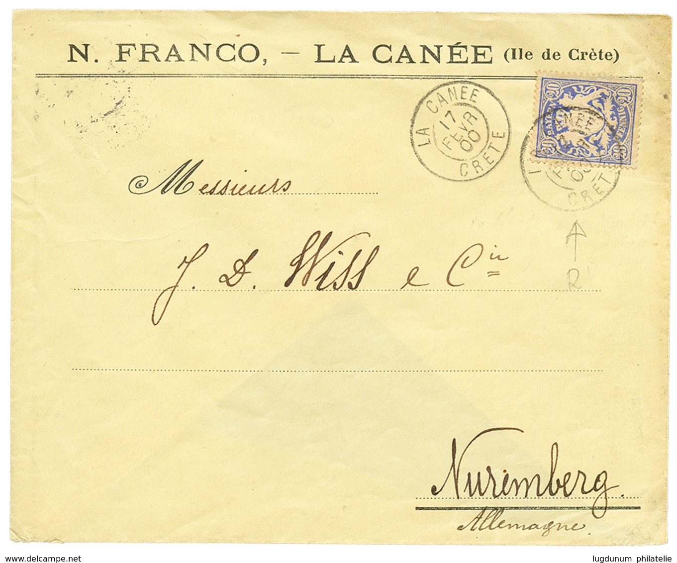 220 CRETE : 1900 BAVIERE 20pf Obl. LA CANEE CRETE Sur Enveloppe Commerciale Pour NUREMBERG (BAVIERE) Avec Arrivée Au Ver - Other & Unclassified