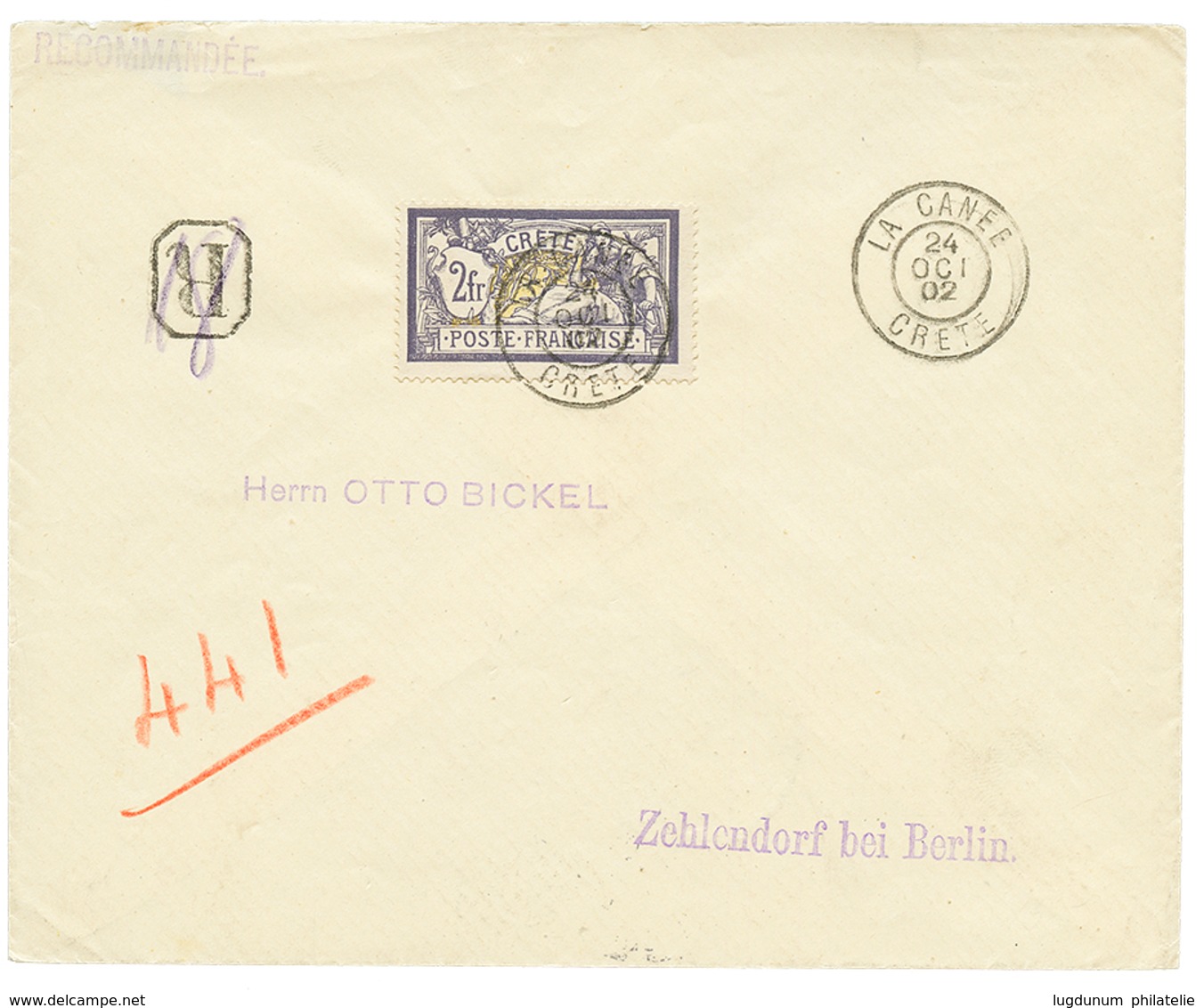 223 CRETE : 1902 2F MERSON Violet Obl. LA CANEE Sur Enveloppe RECOMMANDEE Pour BERLIN. Superbe. - Other & Unclassified