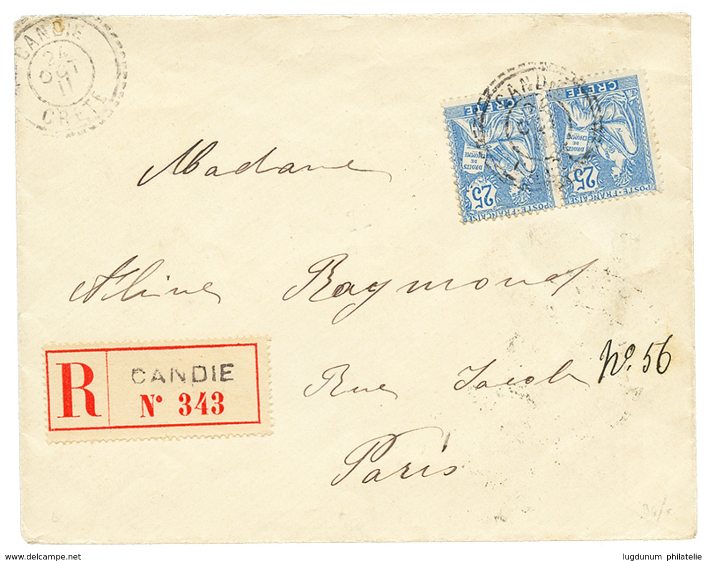 226 CRETE : 1911 Paire 25c MOUCHON Obl. CANDIE CRETE Sur Enveloppe RECOMMANDE Pour PARIS. TB. - Other & Unclassified
