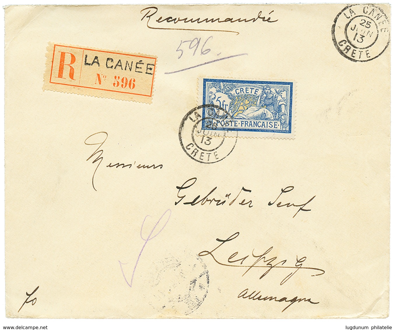227 CRETE : 1913 5F MERSON Obl. LA CANEE Sur Enveloppe RECOMMANDEE Pour LEIPZIG. Rare. Superbe. - Other & Unclassified