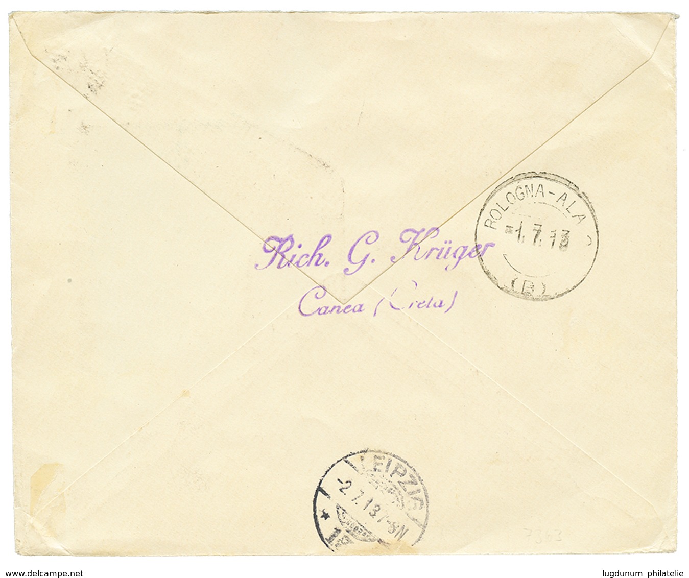 227 CRETE : 1913 5F MERSON Obl. LA CANEE Sur Enveloppe RECOMMANDEE Pour LEIPZIG. Rare. Superbe. - Other & Unclassified