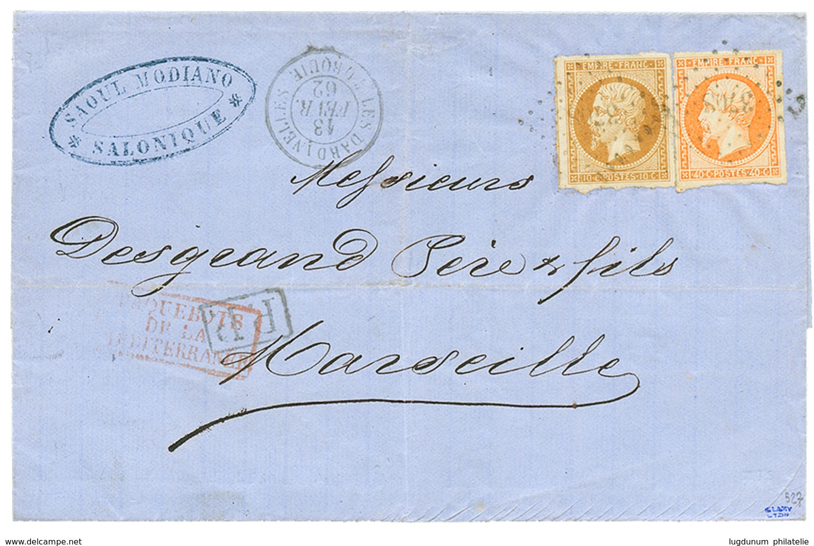 228 1862 10c(n°13) + 40c(n°16) Avec Trés Grandes Marges Obl. PC 3708 + LES DARDANNELLES TURQUIE Sur Lettre De SALONIQUE  - Sonstige & Ohne Zuordnung