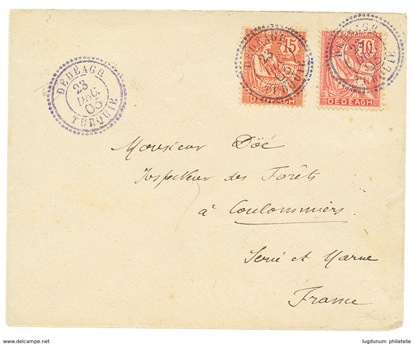 229 DEDEAGH : 1903 10c + 15c Obl. DEDEAGH TURQUIE Bleu Sur Enveloppe Pour La FRANCE. Superbe. - Sonstige & Ohne Zuordnung