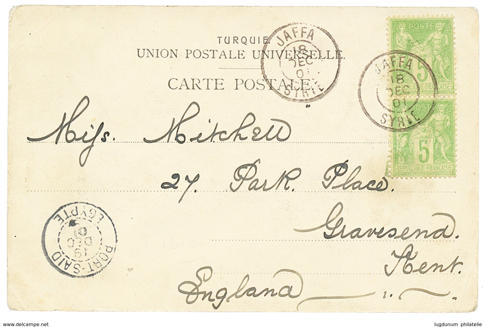 232 1901 Paire 5c SAGE Obl. JAFFA SYRIE Sur Carte Pour L' ANGLETERRE. Superbe. - Other & Unclassified