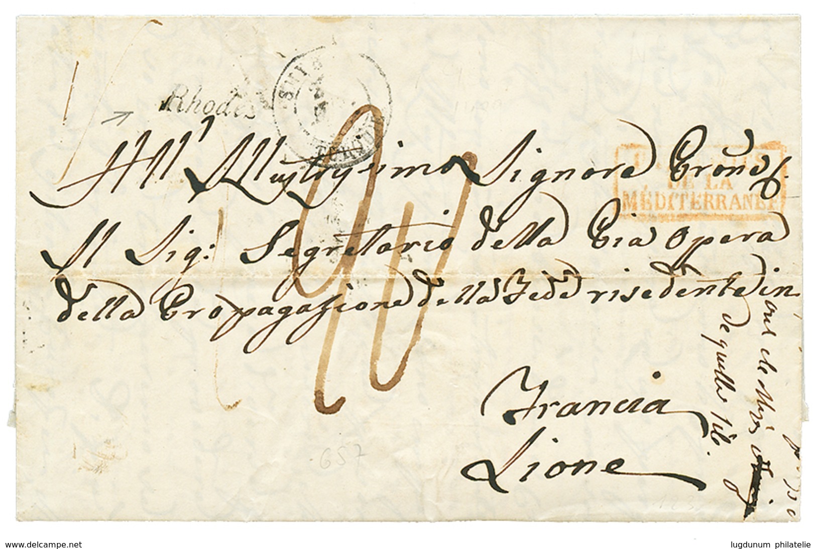 238 1854 Trés Rare Cursive RHODES + Taxe 20 Sur Lettre Avec Texte Pour La FRANCE. La Cursive De RHODES Est Rarissime; 2  - Other & Unclassified