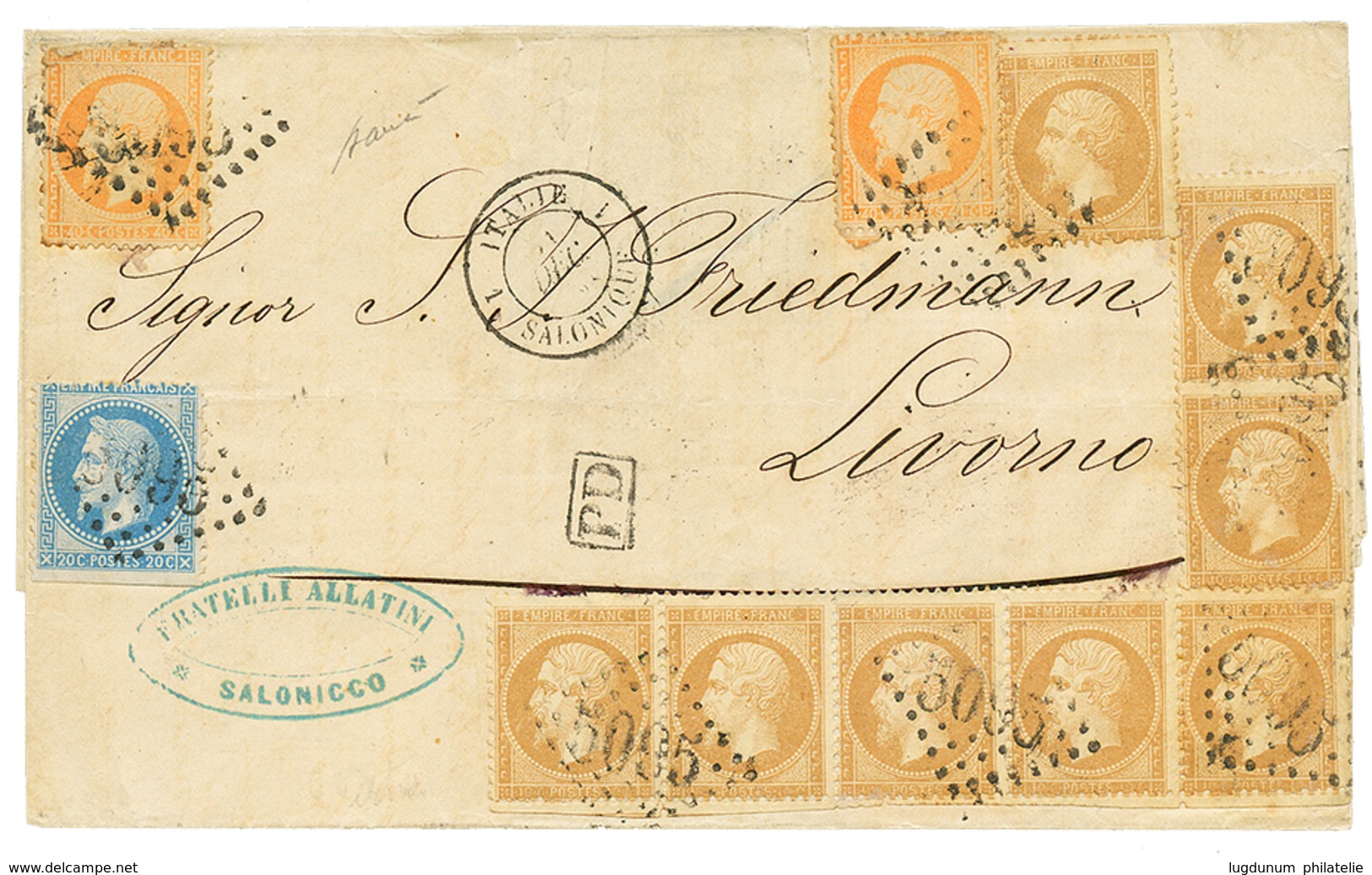 241 1868 10c(x8) + 20c + 40c(x2) Pd Obl. GC 5095 + ITALIE 1 SALONIQUE Sur Lettre Pour L' ITALIE. Combinaison Rare à 1F80 - Sonstige & Ohne Zuordnung