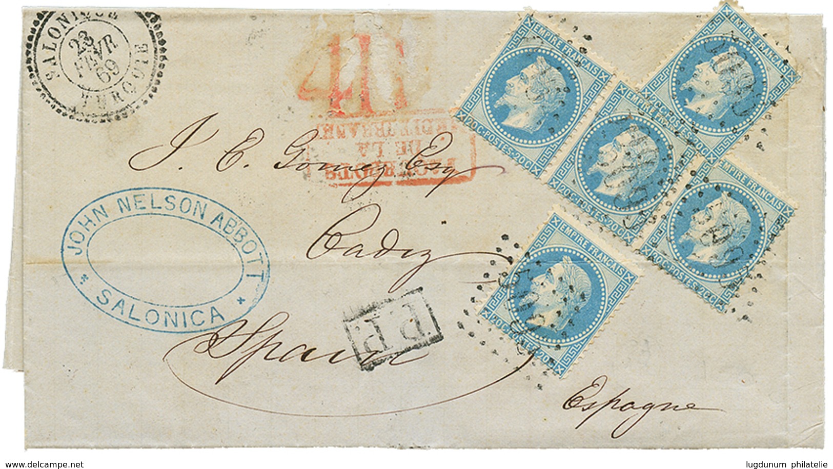 242 "SALONIQUE Pour L' ESPAGNE" : 1869 20c(n°29)x4, Un Ex. Pd Obl. GC 5095 + SALONIQUE TURQUIE Sur Lettre Pour CADIZ (ES - Other & Unclassified