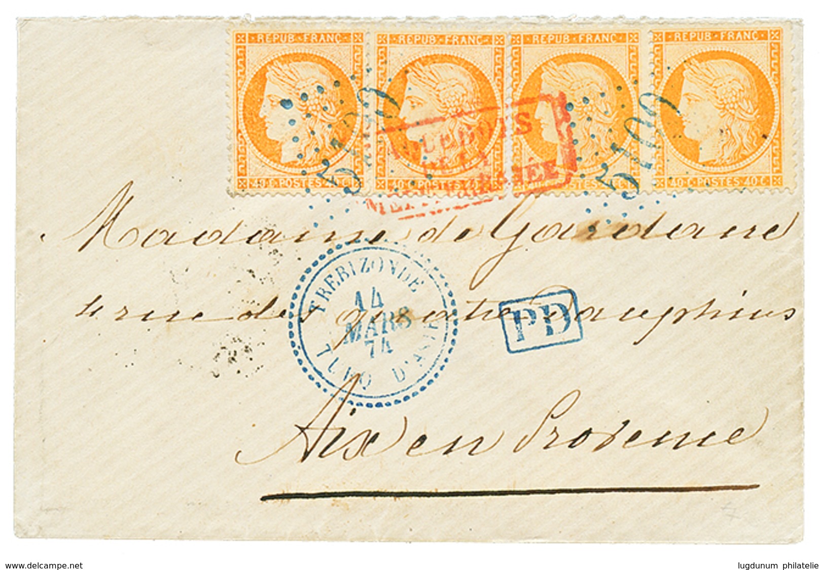 245 1874 40c SIEGE (n°38)x 4 Obl. GC 5100 Bleu + TREBIZONDE TURQUIE D' ASIE Sur Lettre Pour La FRANCE. Trés Rare Double  - Sonstige & Ohne Zuordnung