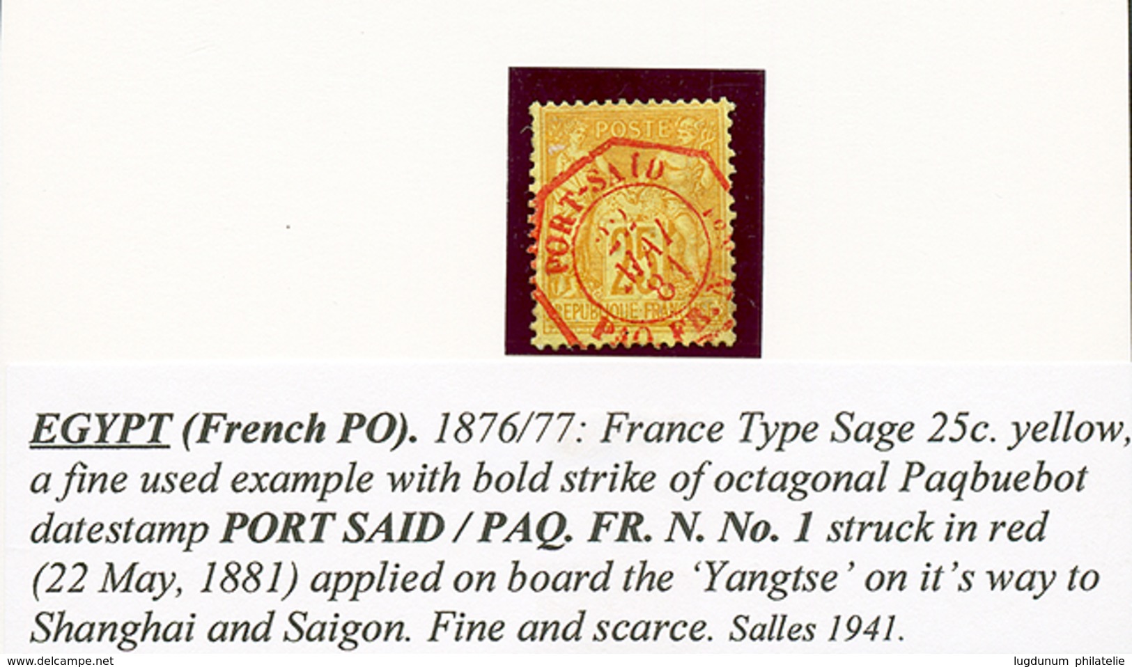 260 25c SAGE Obl. PORT-SAID PAQ FR N°1 En Rouge. RARE. Superbe. - Other & Unclassified