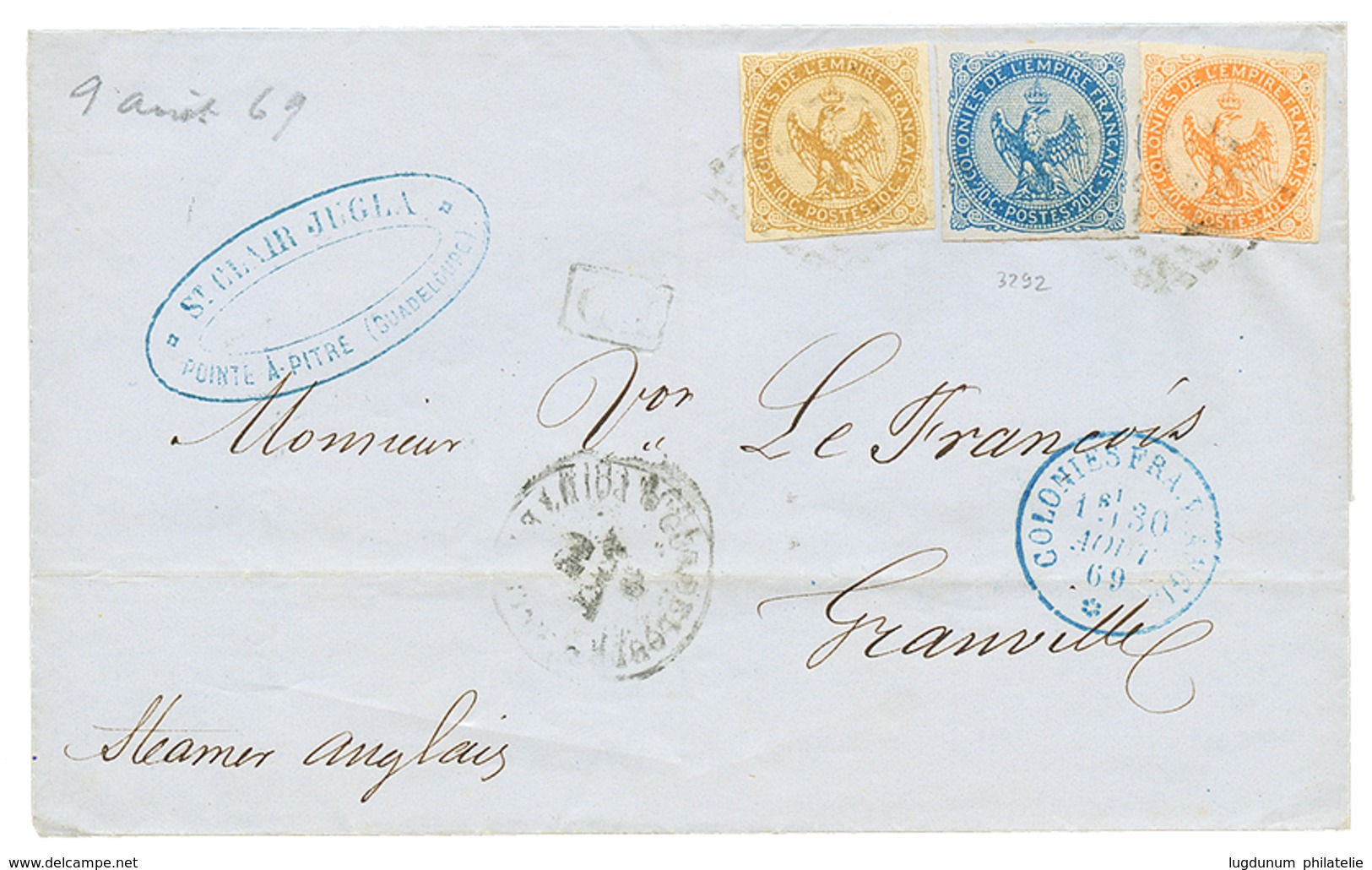 331 GUADELOUPE : 1869 AIGLE 10c + 20c + 40c Sur Lettre De POINTE A PITRE Pour GRANVILLE. TB. - Other & Unclassified