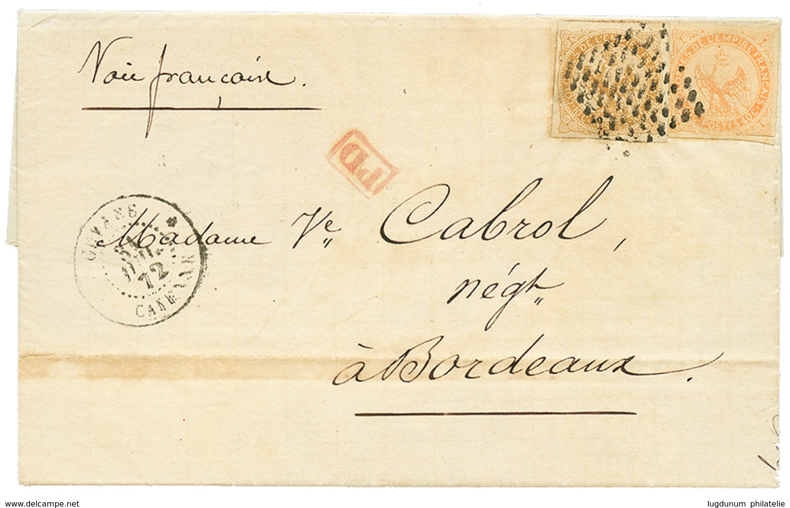 333 GUYANE : 1872 AIGLE 10c + 40c(pd) + GUYANE CAYENNE Sur Lettre Pour La FRANCE. TB. - Other & Unclassified