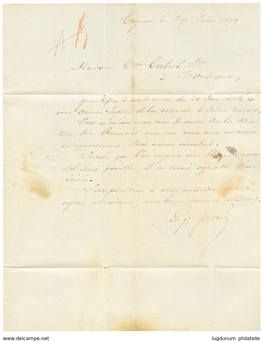 333 GUYANE : 1872 AIGLE 10c + 40c(pd) + GUYANE CAYENNE Sur Lettre Pour La FRANCE. TB. - Other & Unclassified