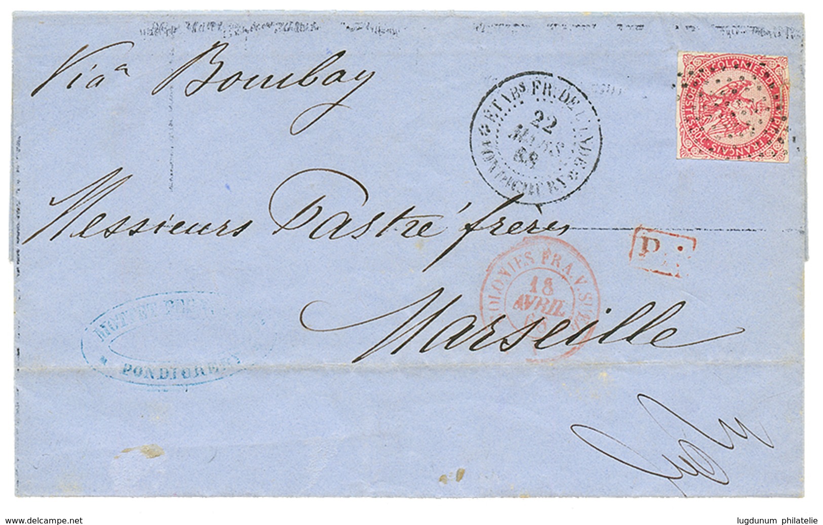 337 INDES : 1868 80c AIGLE + ETAB. FR. DE L'INDE PONDICHERY Sur Lettre Pour La FRANCE. TB. - Altri & Non Classificati