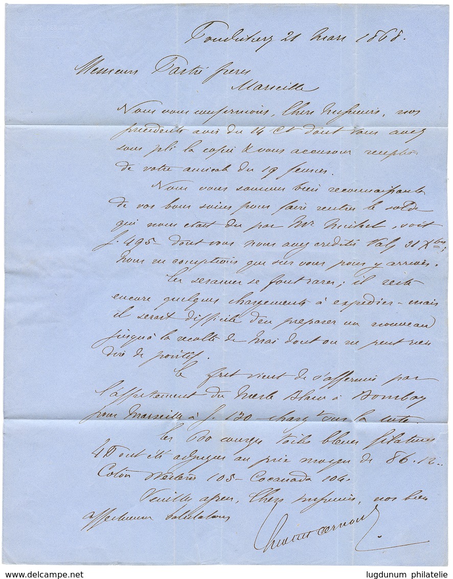 337 INDES : 1868 80c AIGLE + ETAB. FR. DE L'INDE PONDICHERY Sur Lettre Pour La FRANCE. TB. - Other & Unclassified