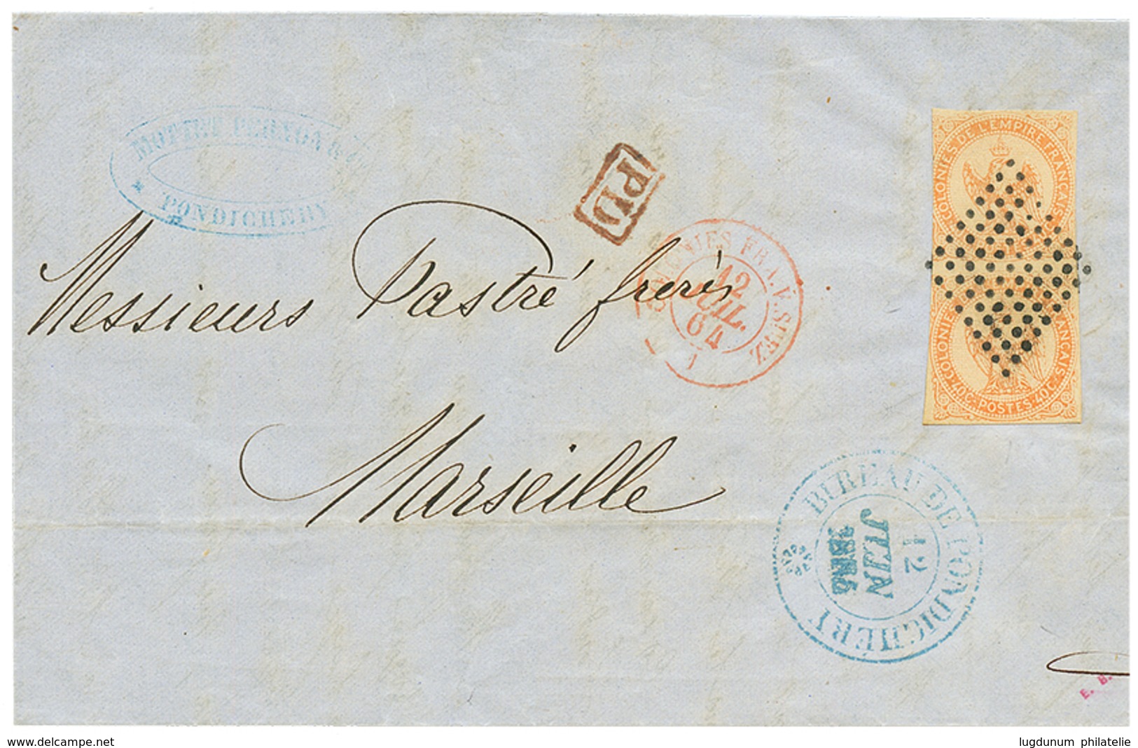 340 INDES : 1864 Paire 40c AIGLE + Grand Cachet BUREAU DE PONDICHERY Sur Lettre Pour La FRANCE. TTB. - Altri & Non Classificati