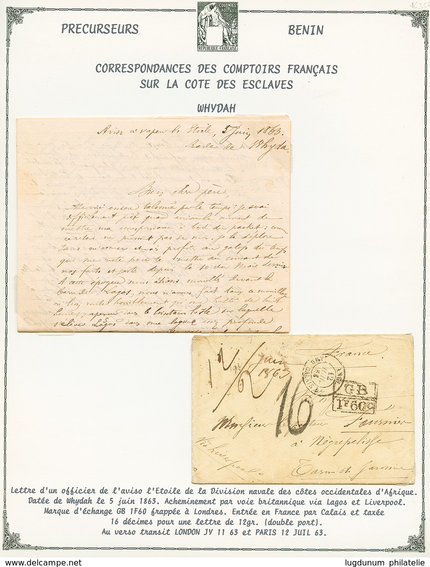 354 BENIN : 1863 GB/1F60 + Taxe 16 Sur Lettre Avec Texte "Rade De WHYDA" Pour La FRANCE. RARE. TTB. - Altri & Non Classificati