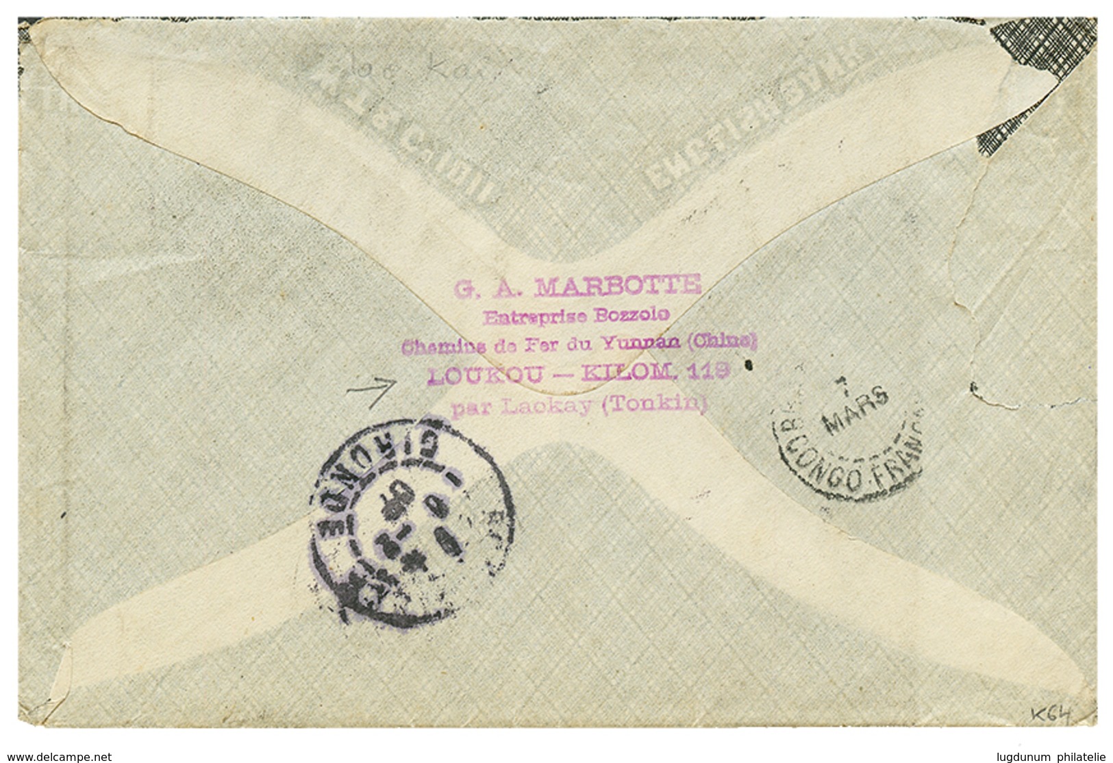 361 "CHEMIN DE FER DU YUNNAN - LOUKOU - KILOMETRE 119" Pour Le CONGO : 1906 CHINE 10c(x3) Obl. LAOKAY TONKIN Sur Envelop - Sonstige & Ohne Zuordnung