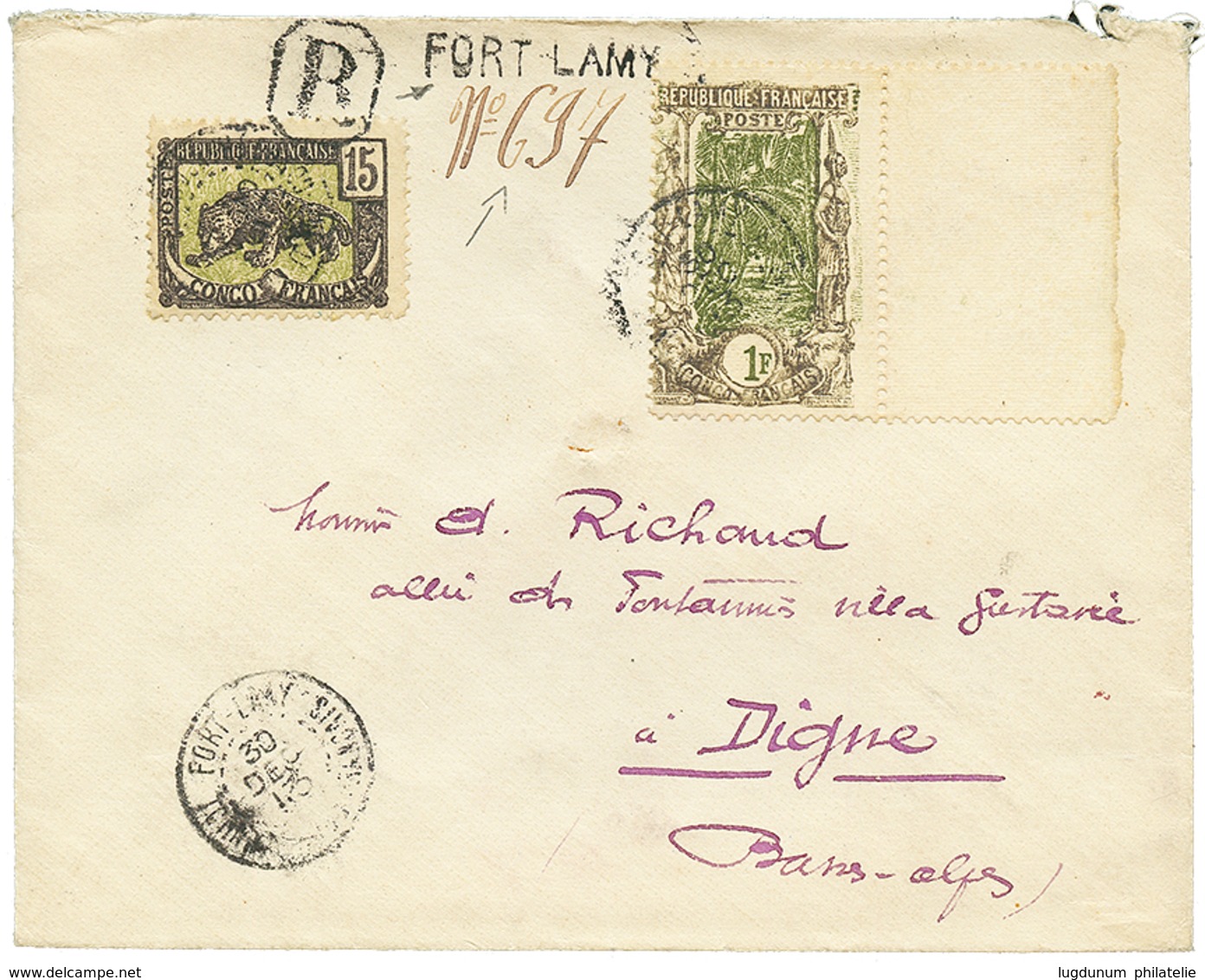 363 "TCHAD" : 1913 CONGO 15c + 1F Obl. FORT-LAMY TCHAD CONGO FRANCAIS Sur Enveloppe RECOMMANDEE (cachet Fabrication Loca - Sonstige & Ohne Zuordnung