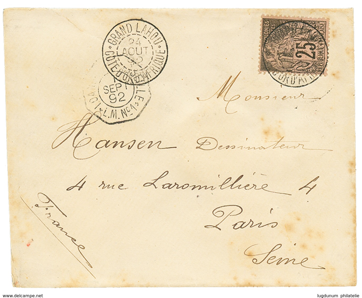 364 "GRAND LAHOU COTE D' OR D' AFRIQUE" : 1892 COLONIES GENERALES 25c Obl. GRAND LAHOU COTE D' OR D' AFRIQUE Sur Lettre  - Sonstige & Ohne Zuordnung