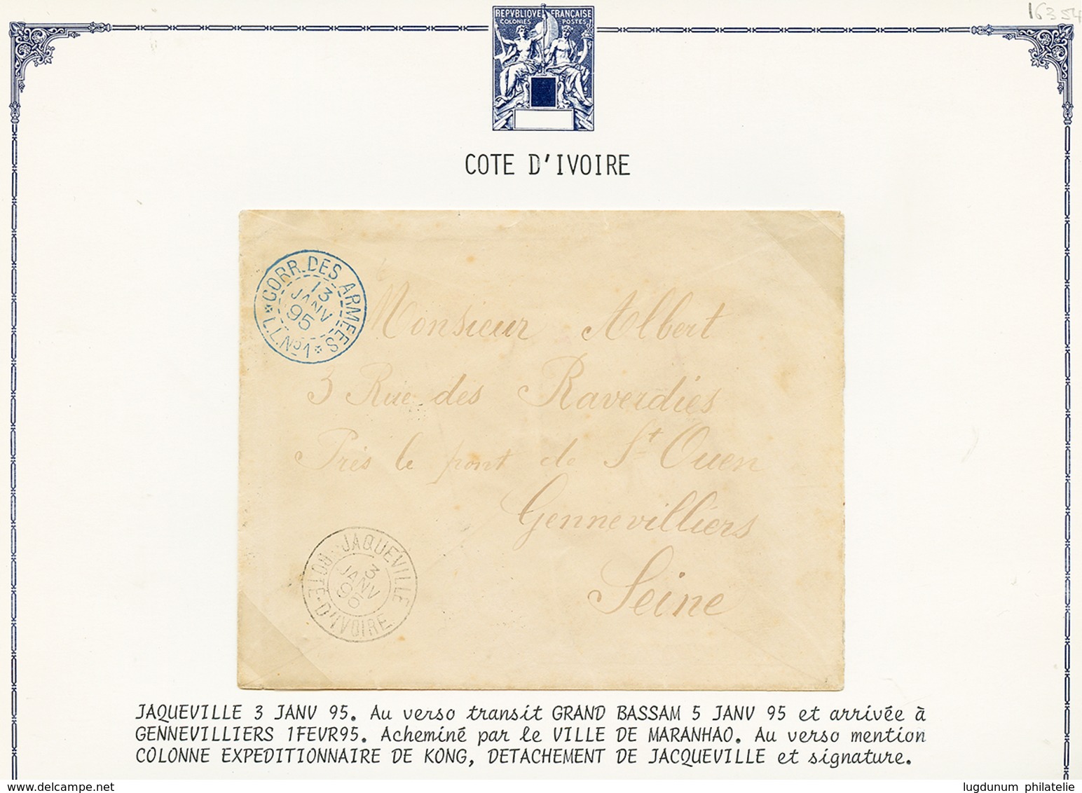 365 "COLONNE DE KONG" : 1895 JACQUEVILLE + CORR. D'ARMEES L.L N°1 Sur Env. Pour La FRANCE. TTB. - Sonstige & Ohne Zuordnung