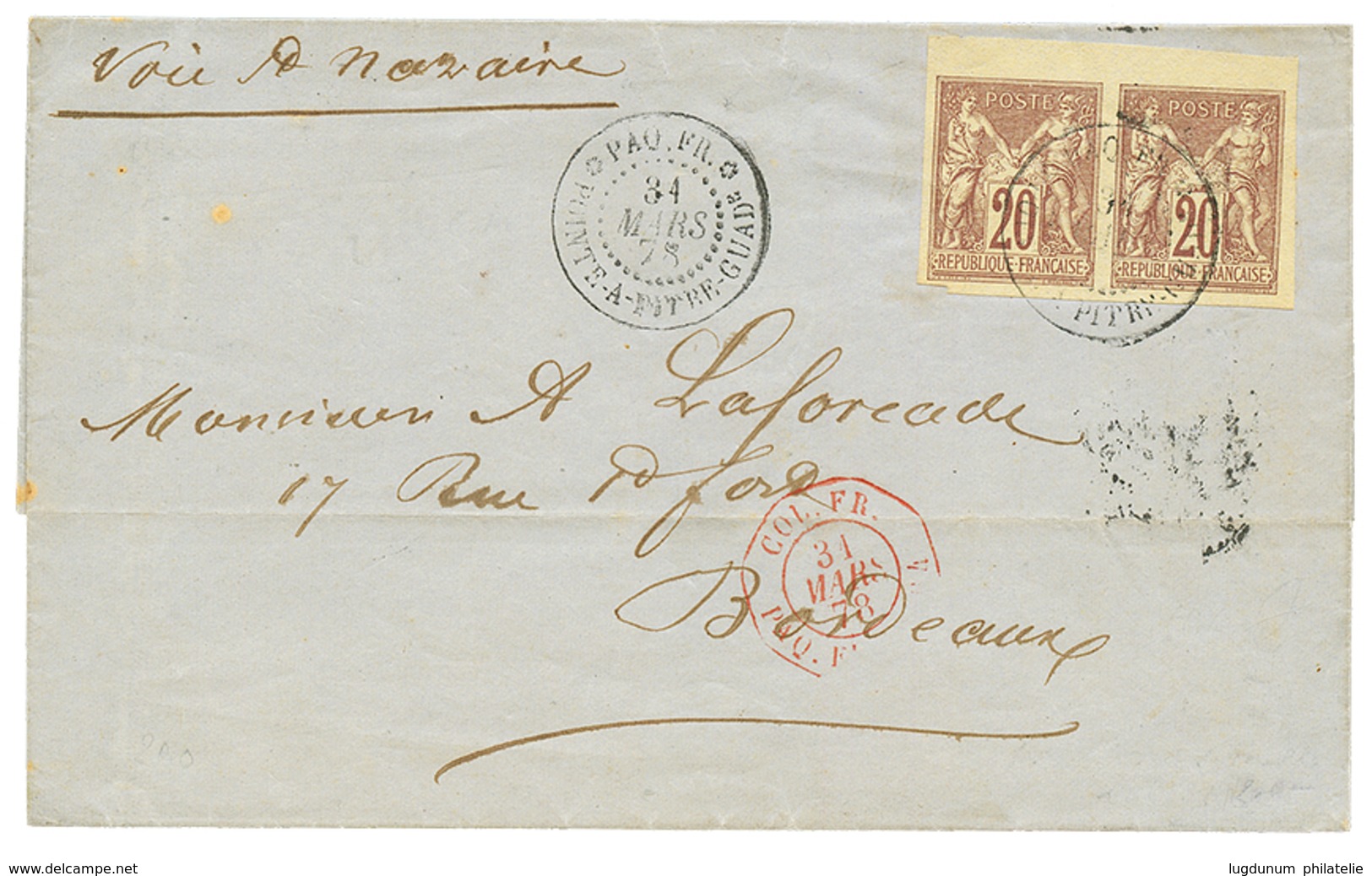 373 1878 CG Superbe Paire Du 20c SAGE Obl. PAQ. FR POINTE A PITRE Sur Lettre Pour La FRANCE. Luxe. - Sonstige & Ohne Zuordnung