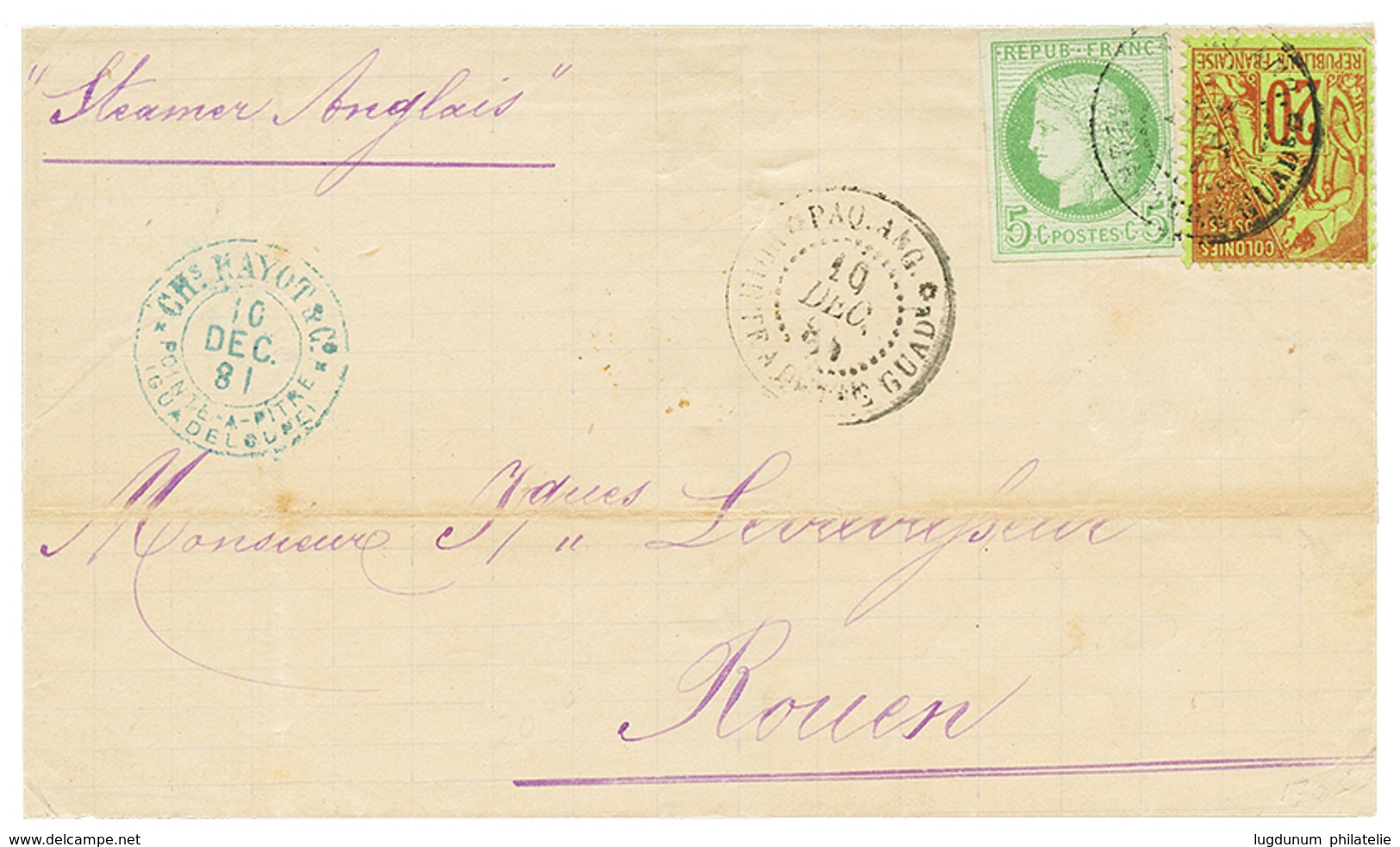 374 GUADELOUPE : 1881 CG Mixte 5c CERES + 20c ALPHEE DUBOIS Sur Lettre De POINTE-A-PITRE Pour ROUEN. TB. - Sonstige & Ohne Zuordnung