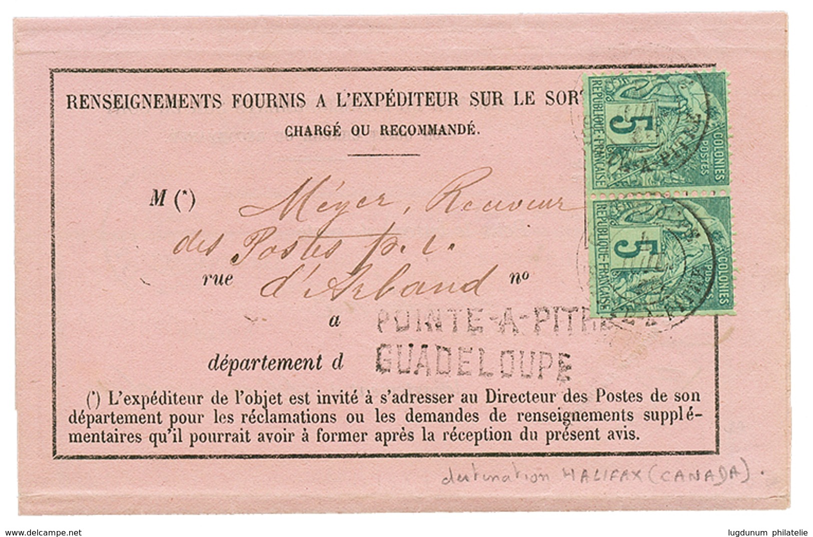 375 GUADELOUPE - AVIS De RECEPTION Pour Le CANADA : 1884 CG 5c(x2) Obl. POINTE-A-PITRE Sur AVIS DE RECEPTION Pour HALIFA - Sonstige & Ohne Zuordnung