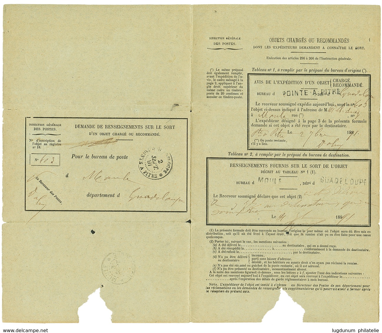 377 GUADELOUPE : 1891 CG 10 Obl. POINTE A PITRE Sur AVIS DE RECEPTION Complet. Léger Manque à L' Intérieur. RARE. TTB. - Altri & Non Classificati