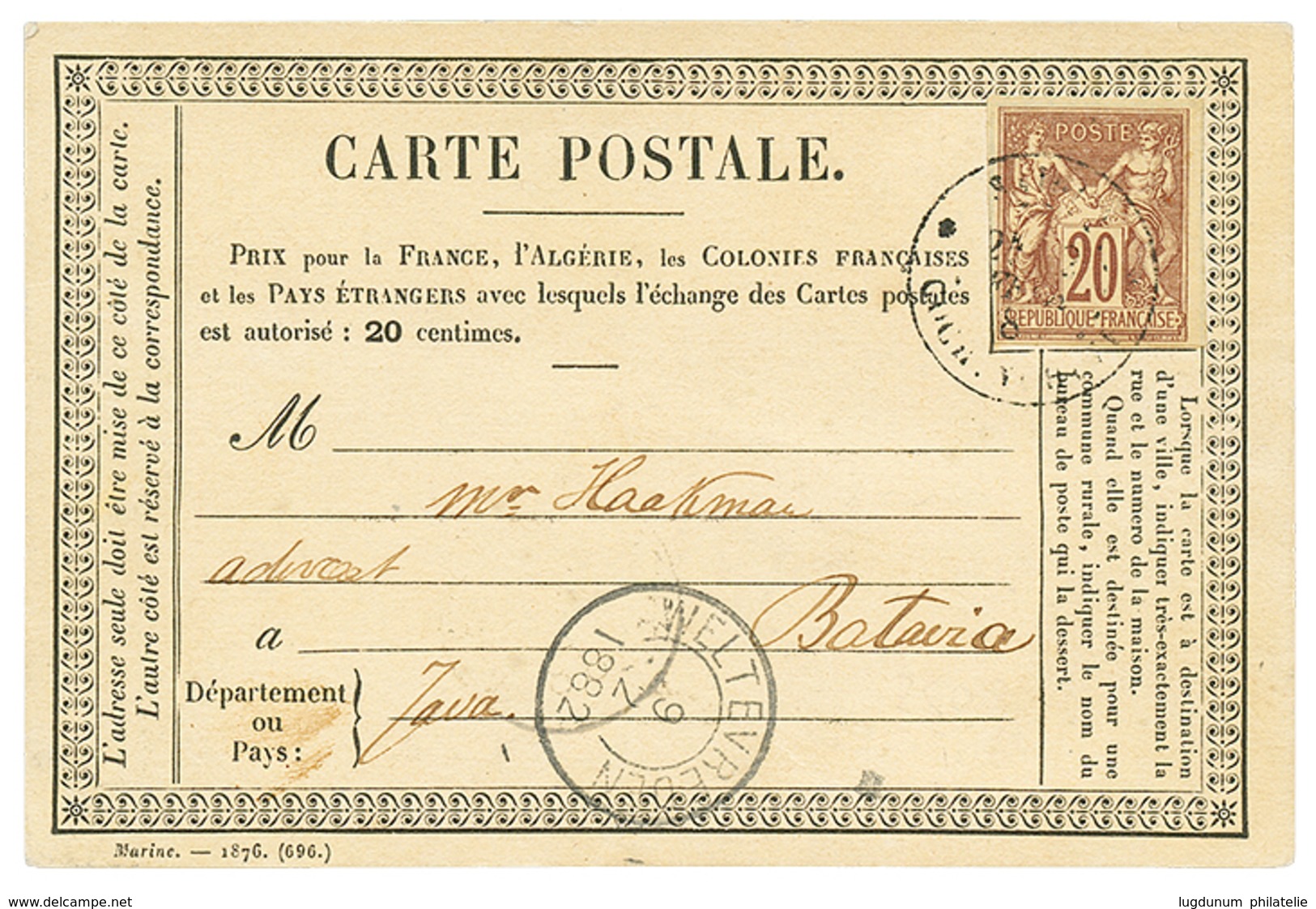 387 INDOCHINE : 1882 COLONIES GENERALES 20c SAGE Obl. SAIGON COCHINCHINE Sur CARTE PRECURSEUR Pour BATAVIA (INDES NEERLA - Altri & Non Classificati