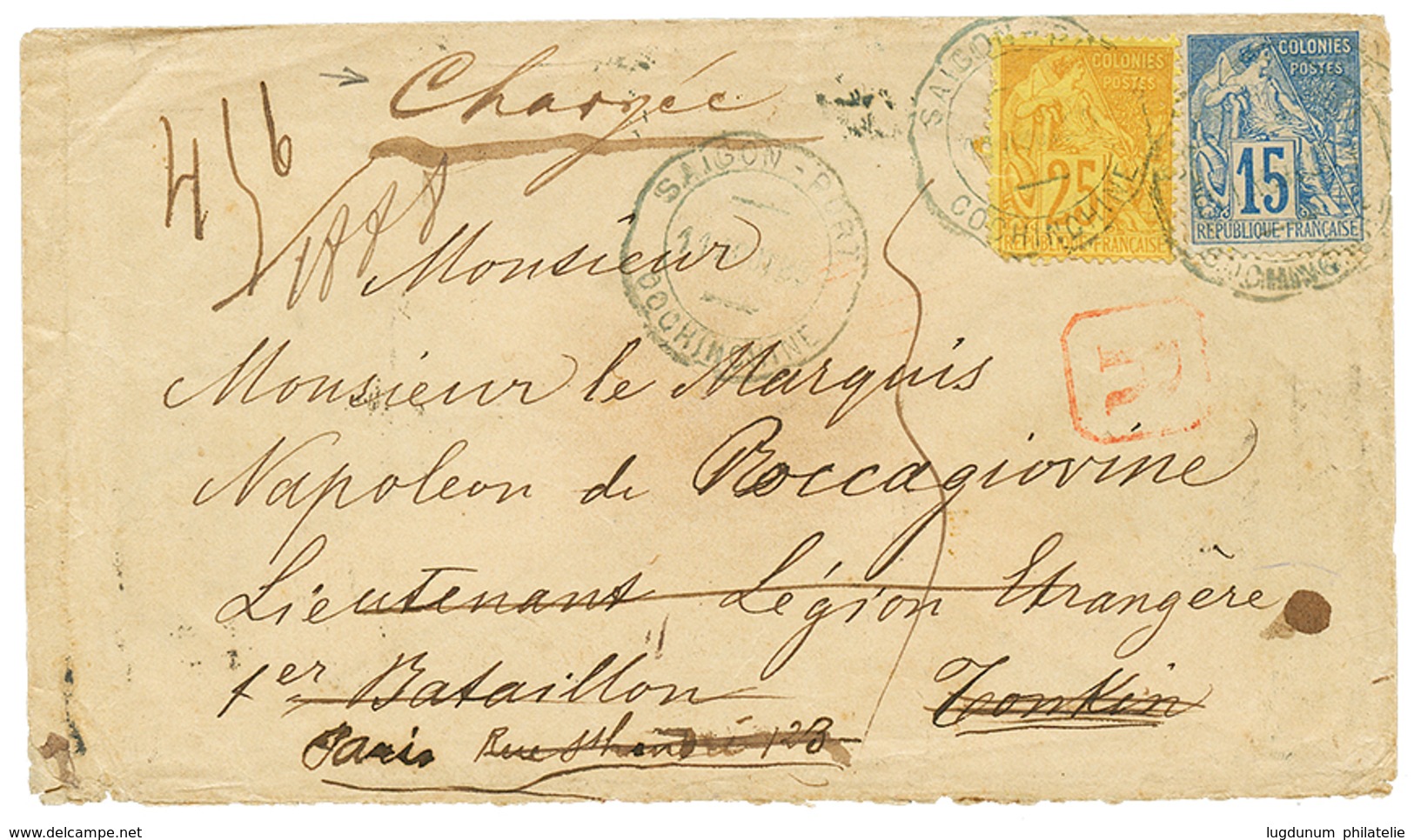 388 "CONSULAT D' ITALIE à SAIGON" : 1885 CG 15c + 25c Obl. Cachet TELEGRAPHIQUE SAIGON-PORT COCHINCHINE + "CHARGE" Sur E - Sonstige & Ohne Zuordnung
