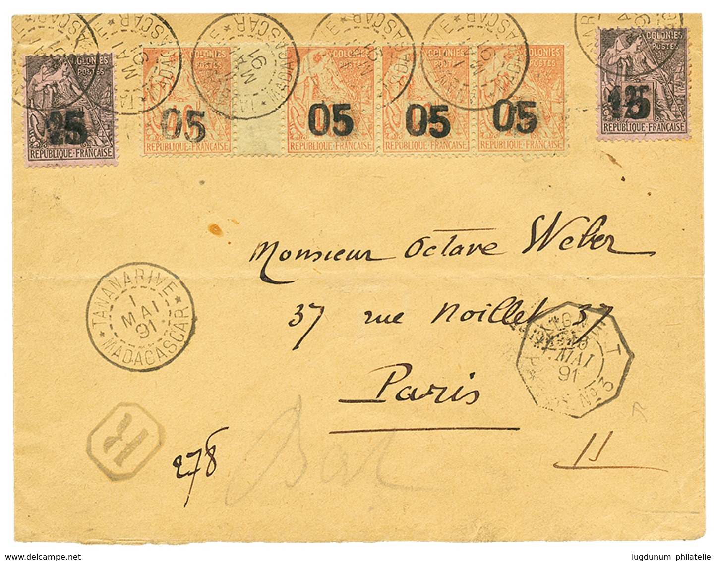 398 MADAGASCAR : 1891 PROVISOIRE Rarissime Bande Dee 4 Avec INTER-PANNEAU Du 05 S/ 40c(n°4) + 15 S/ 25c(n°5)x2 Obl. TANA - Other & Unclassified