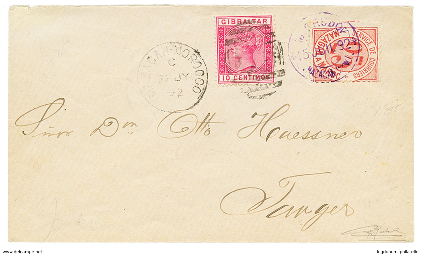 404 MAROC : 1892 MIXTE GIBRALTAR 10c Obl. A26 + MAZAGAN MOROCCO + POSTE LOCALE 25c Obl. BRUDO MAZAGAN Sur Enveloppe Pour - Sonstige & Ohne Zuordnung