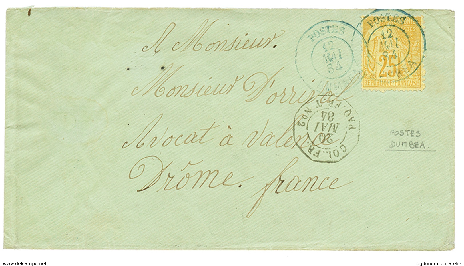 414 "DUMBEA" : 1884 CG 25c Obl. Cachet Trés Rare POSTES DUMBEA En Bleu (frappe Lègère) Sur Enveloppe Pour La FRANCE. Cot - Sonstige & Ohne Zuordnung