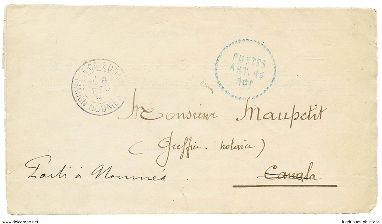 416 1893 Cachet POSTES ART.46/ 10c En BLEU (rarissime En Bleu) + NOUMEA Sur Lettre Avec Texte (2 Pages) Pour CANALA Redi - Sonstige & Ohne Zuordnung