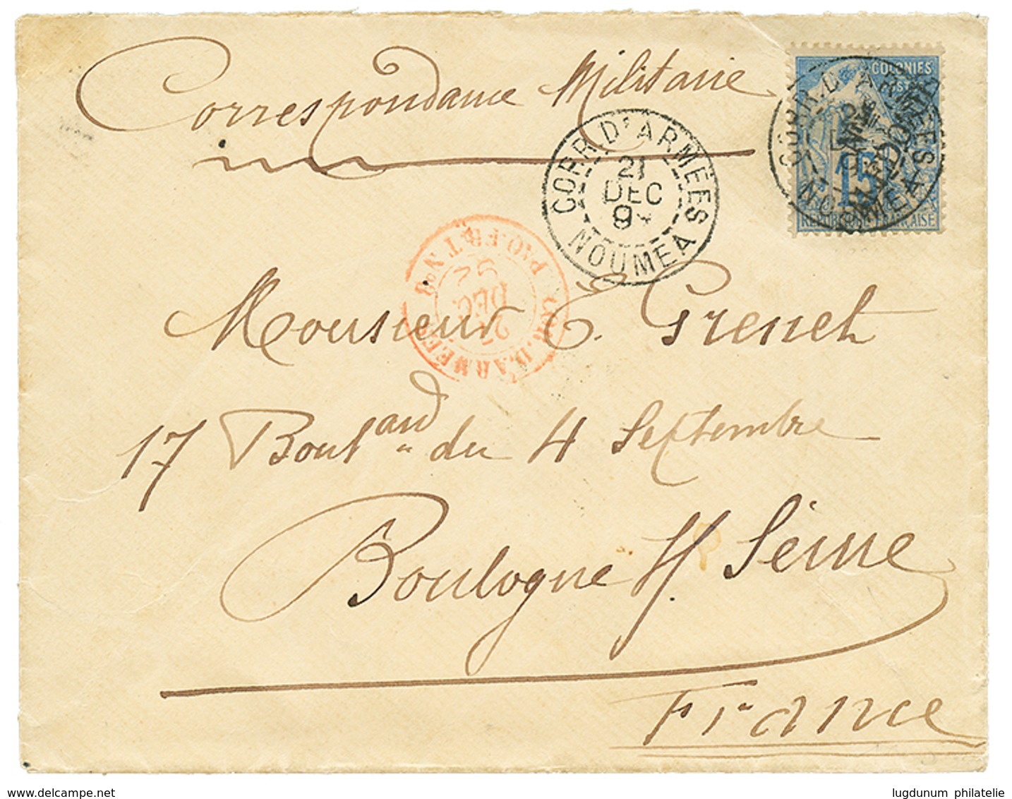 417 1896 15c Obl. CORR. D' ARMEES NOUMEA + CORR. D'ARMEES PAQ FR T N°8 En Rouge (rare) Sur Enveloppe Pour La FRANCE. Sup - Sonstige & Ohne Zuordnung