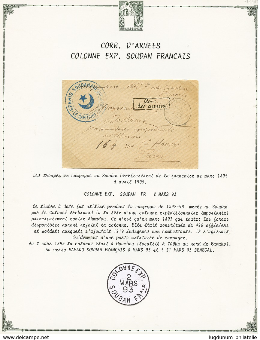 432 "COLONNE EXP. SOUDAN FRais" : 1893 Cachet Rarissime COLONNE EXP. SOUDAN FR. Sur Enveloppe Pour PARIS. GRANDE RARETE. - Sonstige & Ohne Zuordnung