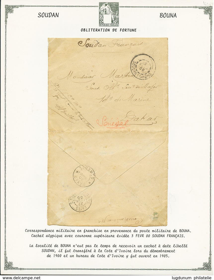 433 "Cachet Gratté De BOUNA" : 1900 Rarissime Cachet De Fortune Gratté "SOUDAN FRANCAIS" Sur Enveloppe De Militaire Du P - Sonstige & Ohne Zuordnung