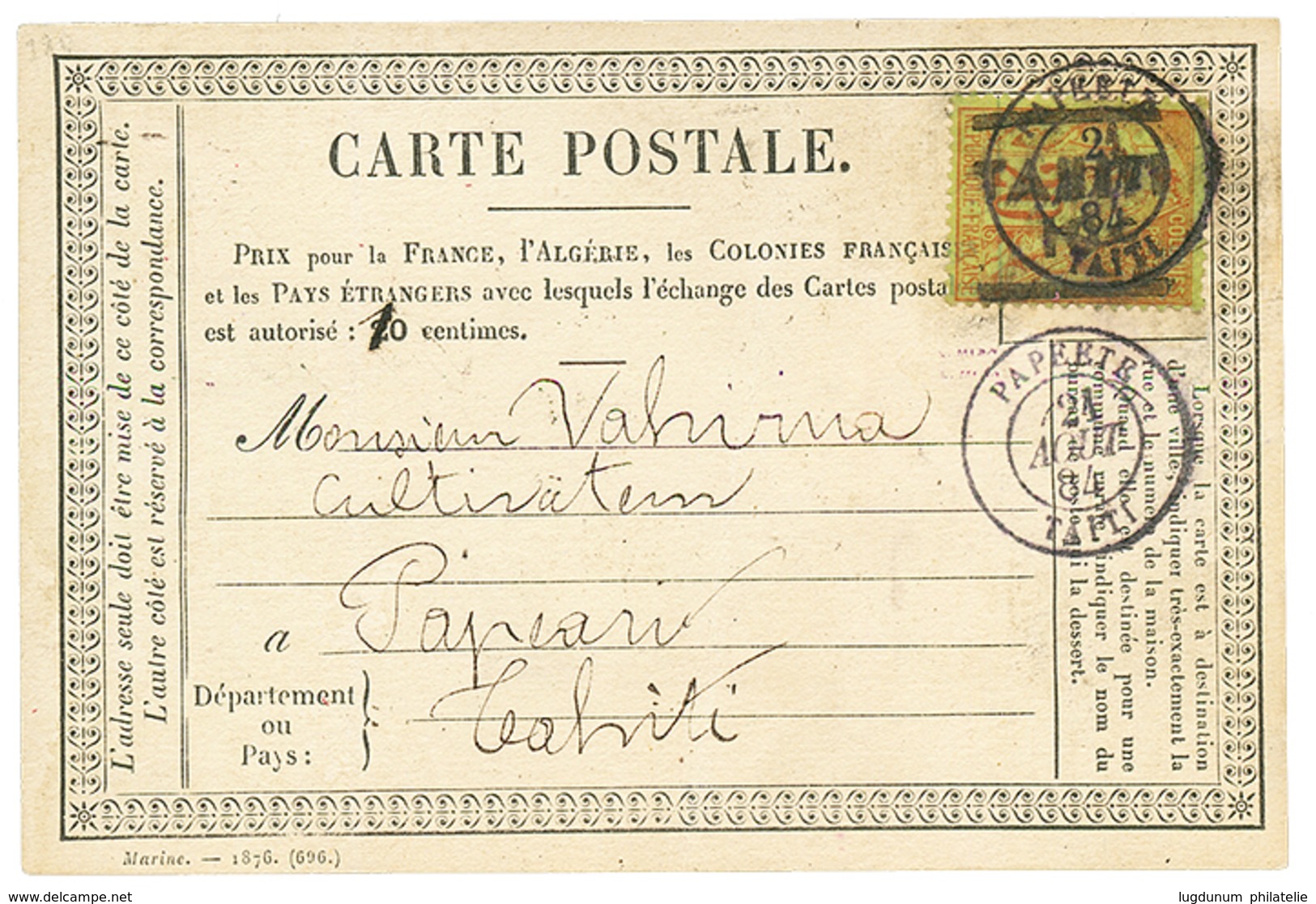 444 1884 Provisoire 10 S/ 20c(n°5) Obl. PAPETE TAITI Sur CARTE PRECURSEUR Pour PAPEARI. RARE. TTB. - Sonstige & Ohne Zuordnung