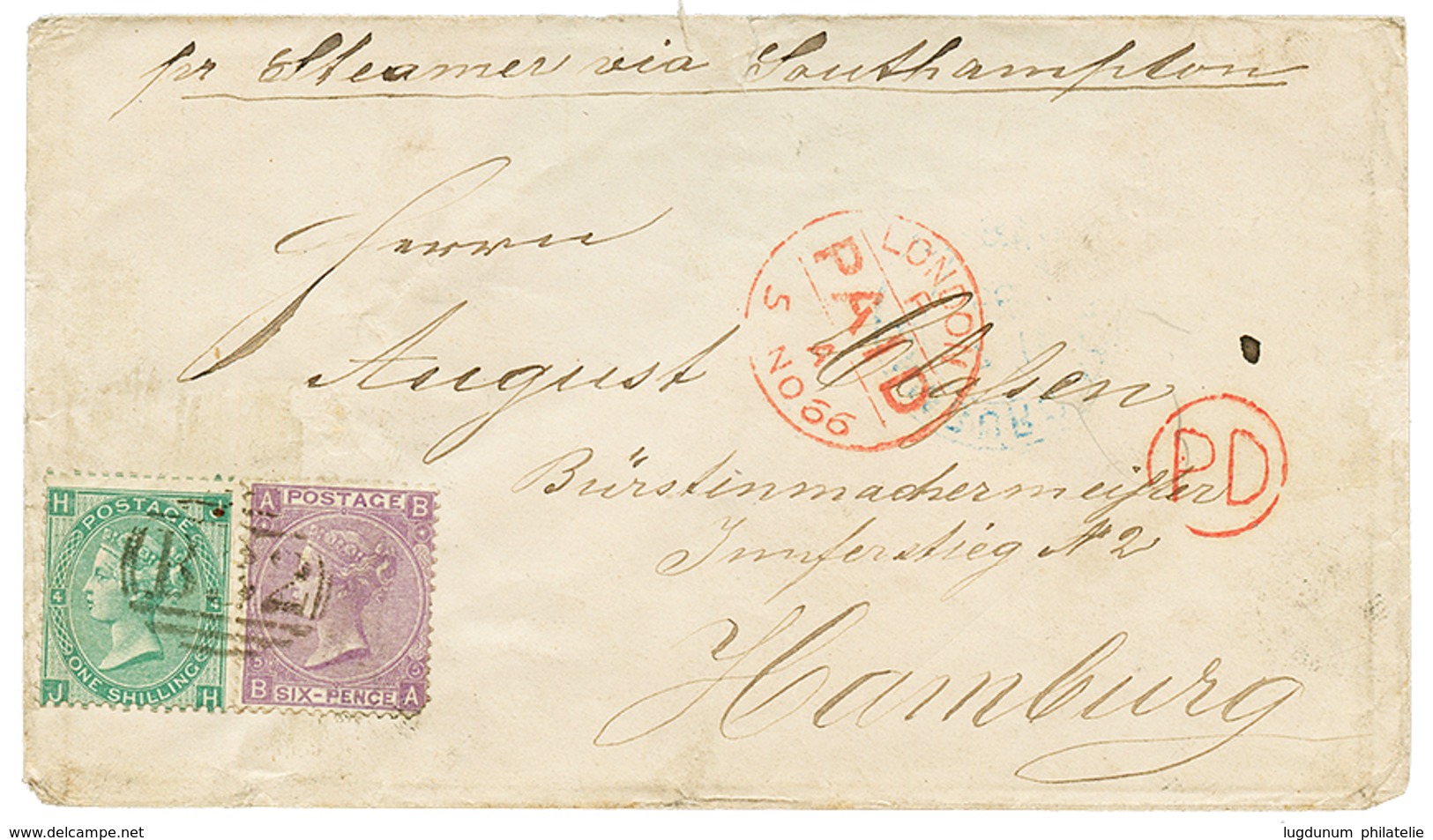 451 ARGENTINA : 1866 GB 6d (pl.5) + 1 SHILLING (pl.4) Canc. B32 + BUENOS AYRES (verso) On Envelope To HAMBURG. Vf. - Other & Unclassified