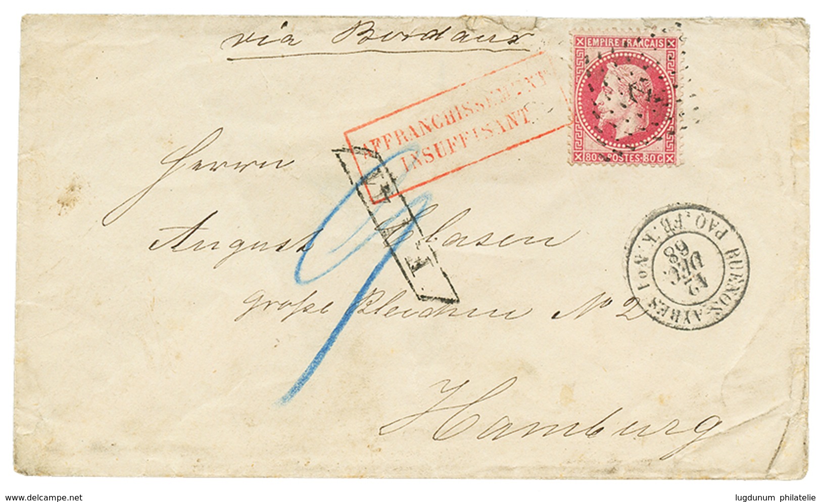 452 ARGENTINA : 1868 FRANCE 80c Canc. ANCHOR + BUENOS-AYRES PAQ FR K N°1 + Rare Exchange Marking F./41 On Envelope To HA - Other & Unclassified