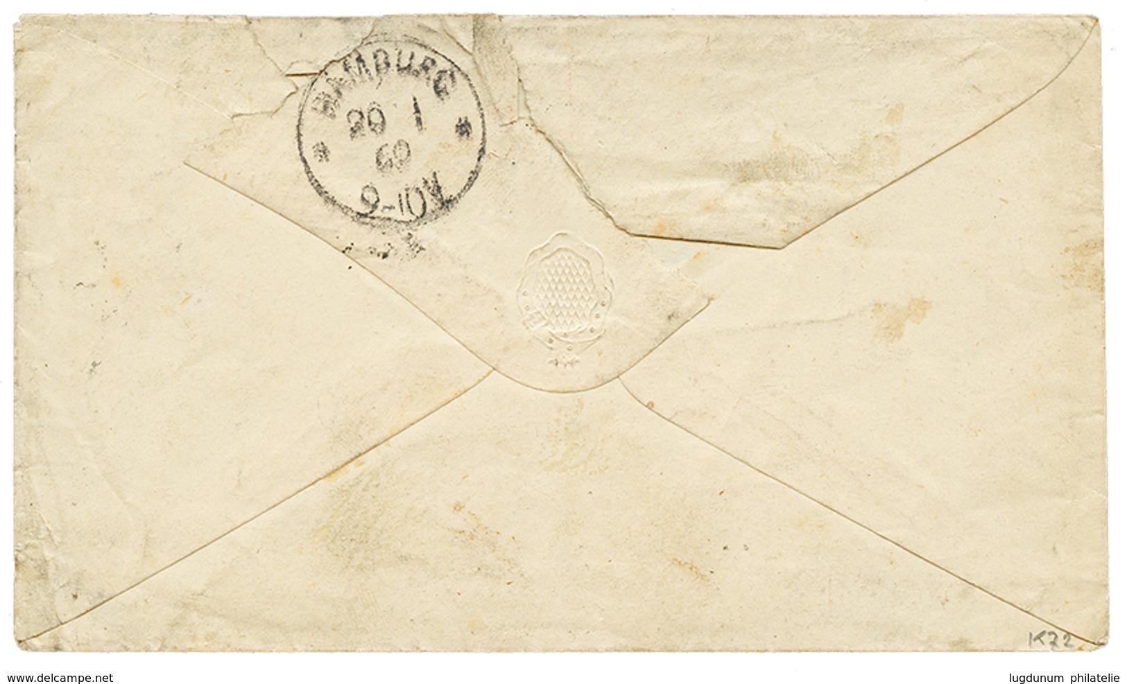 452 ARGENTINA : 1868 FRANCE 80c Canc. ANCHOR + BUENOS-AYRES PAQ FR K N°1 + Rare Exchange Marking F./41 On Envelope To HA - Sonstige & Ohne Zuordnung