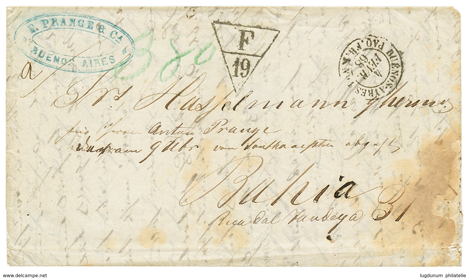 453 ARGENTINA : 1868 Extremely Rare Exchange Marking F/19 + BUENOS-AYRES PAQ FR K N°1 On Entire Letter From BUENOS-AYRES - Sonstige & Ohne Zuordnung