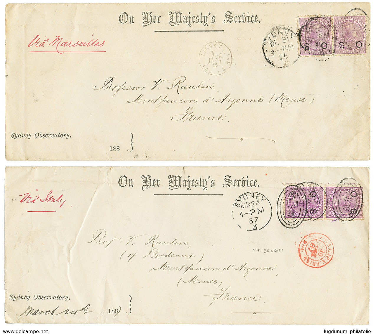 454 AUSTRALIA : 186/87 NEW SOUTH WALES 2 Envelopes Sent From SYDNEY With SERVICE 6d(x2) Via BRINDISI Or MARSEILLES To FR - Sonstige & Ohne Zuordnung