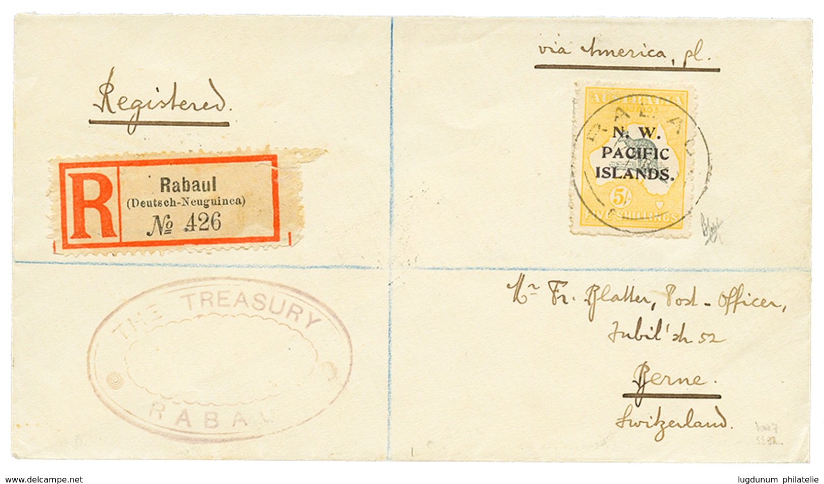 455 NEW GUINEA : 1918 AUSTRALIA 5 SHILLING Overprint N.W PACIFIC ISLANDS Canc. RABAUL On Cover With REGISTERED GERMAN La - Sonstige & Ohne Zuordnung